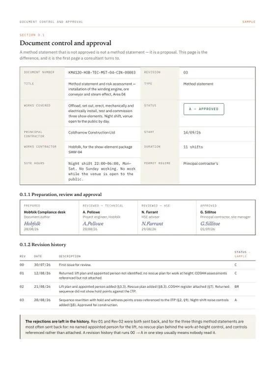 Document control and approval — a page of the sample document