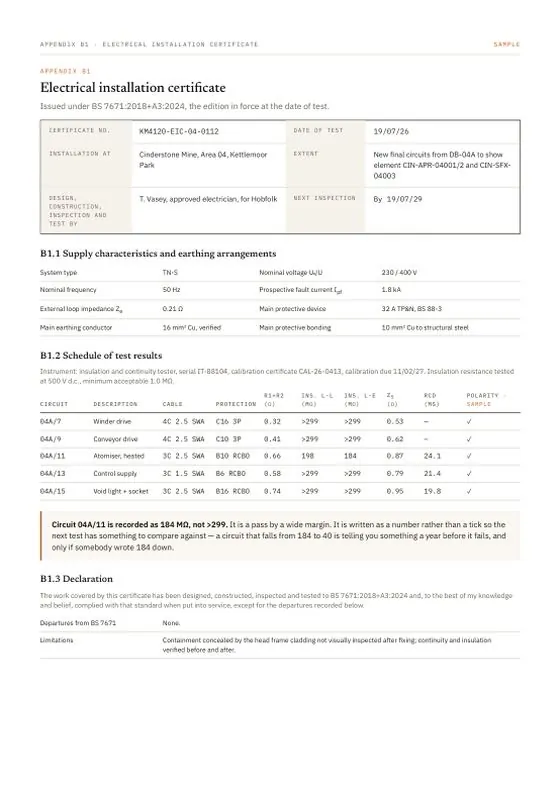 Electrical installation certificate — a page of the sample document
