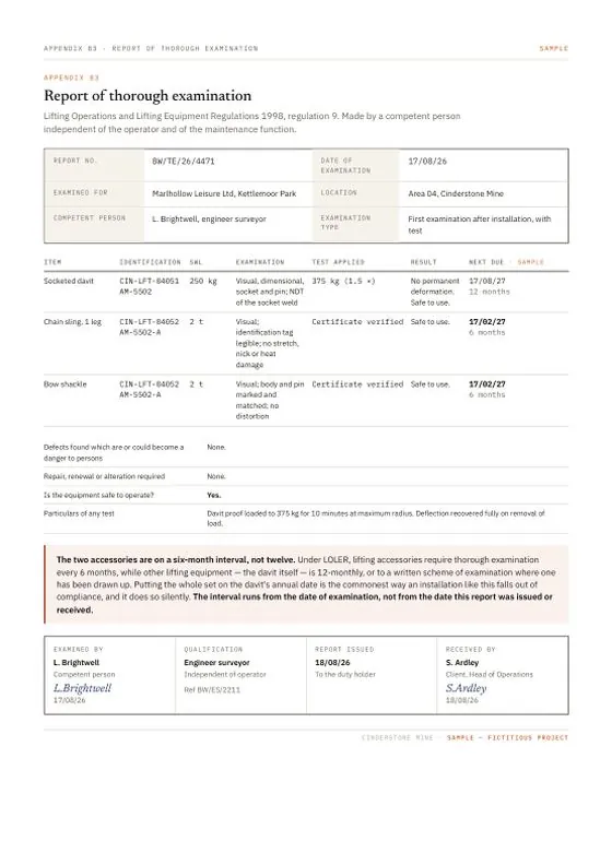 Report of thorough examination — a page of the sample document